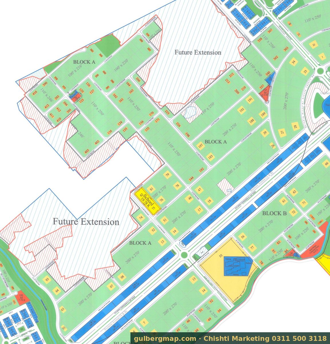 Gulberg Greens Block A on the IBECHS layout plan – crop used by the Chishti Marketing plot finder
