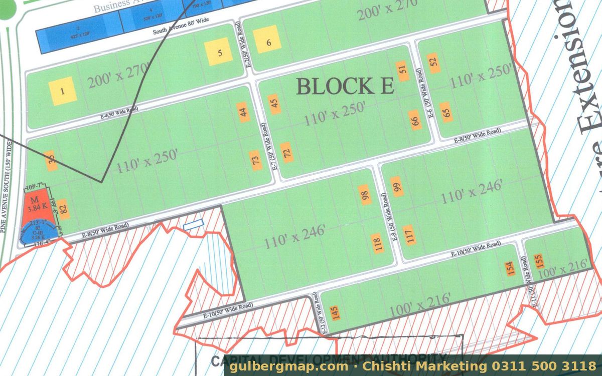 Gulberg Greens Block E on the IBECHS layout plan – crop used by the Chishti Marketing plot finder